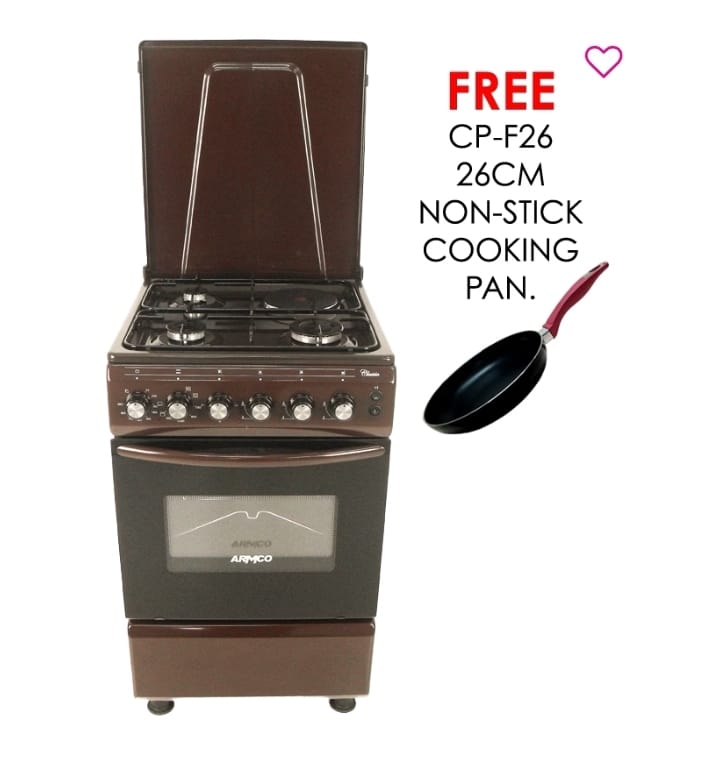 ARMCOGC-F5531FX(BR) – 3Gas + 1 Electric (RAPID), Static Electric Oven/Grill 50X50, Rotisserie, Mechanical Timer, Brown.