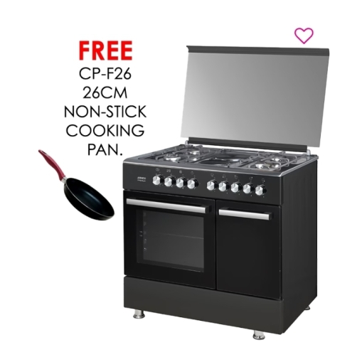ARMCO GC-F9642FBT2(BK) 4Gas(1 Wok Sabaf Burner + 1 Small + 2 Medium Sabaf Burners) +2 Electric(1×145 + 1×180), 60cm X 90cm, Rapid Hot Plate, Electric Oven, EU Standard Flame Failure Device, One Touch Auto Ignition, SS304 Non Magnetic Stainless Steel Top.