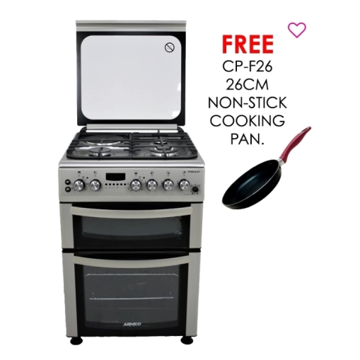 ARMCO GC-F6631ZX2D2(SL) – 3Gas+1Electric, 60X60 Full Convection Double Oven+Grill, 1 WOK, 1 Rapid HP (180mm – 2000W), Flame Failure Device, Rotisserie, Smart Timer, Cast Iron Pan Supports with Matt enamel burner caps, Utensil Apparatus for Glass Lid, Silver.