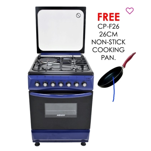 ARMCO GC-F6631QX(NV) – 3 Multi-gas Burners + 1Electric (180mm-2000W RAPID Plate), 60X60 Oven+Grill, One Touch Auto ignition, Thermostat, Lamp, TEMPERED GLASS Lid, Rotisserie, Mechanical Timer, 1 Extra Round tray, Matt enamel pan supports and caps, Navy Blue.