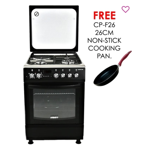 ARMCO GC-F6631LX3(BK) – 3Gas+1Electric, 60X60 Full Convection Oven+Grill, 1 WOK, 1 Rapid HP(180mm), One Touch Auto ignition, Flame Failure Device, Thermostat, Lamp, Glass Top Lid, Rotisserie, Digital Timer, High Aesthetics Steel Knobs, Black.
